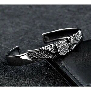 Mens Stainless Steel WW2 US Air Force Pilot Cuff Bangle Bracelet For Men